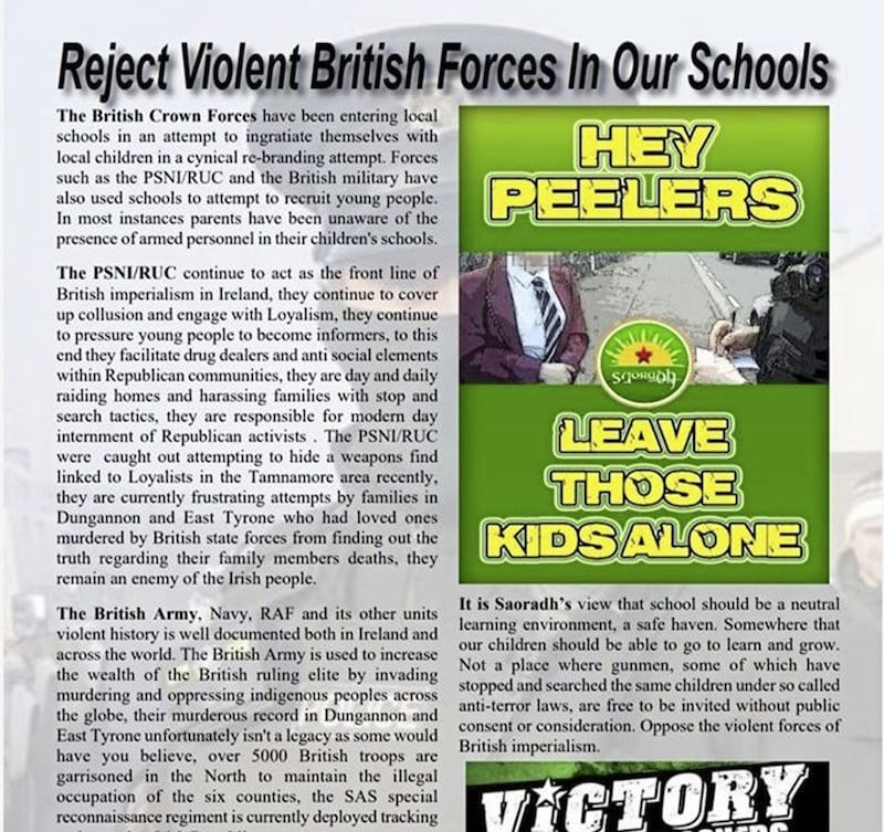 A Saoradh leaflet handed out in east Tyrone last weekend  