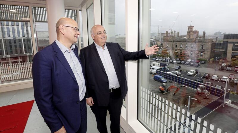 Jon Adams (left), Managing Director of Lagan Building Contractors, and Roy Adair, Belfast Harbour&rsquo;s CEO, at the City Quays 2 development 