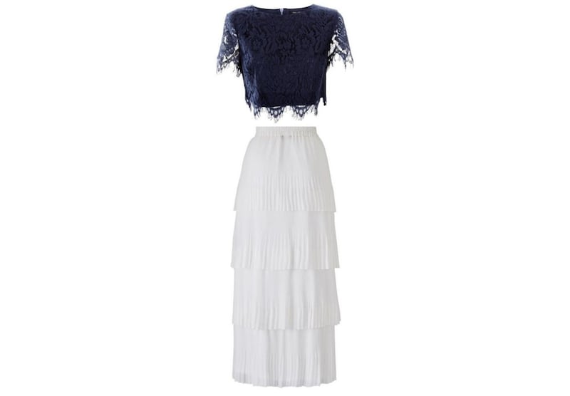 New Look Navy Lace Crop Top, &pound;19.99; JD Williams Tiered Pleated Maxi Skirt, &pound;45 