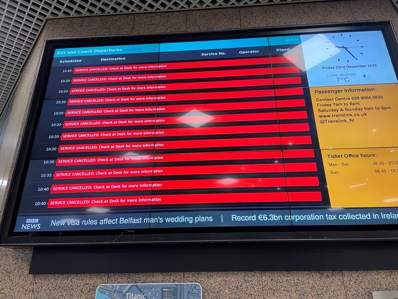 A board showing cancelled services at the Europa Bus centre