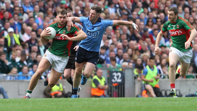 Mayo's Aidan O'Shea is pulled back by Dublin's Philly McMahon during last Sunday's All-Ireland Senior Football Championship semi-final at Croke Park<br />Picture: Colm O'Reilly&nbsp;