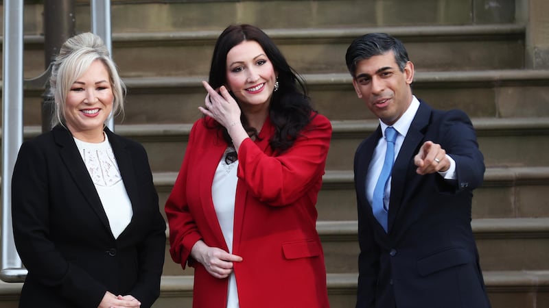 First Minister Michelle O'Neill and Deputy First Minister Emma Little-Pengelly meet with Prime Minister Rishi Sunak at Stormont Castle on Monday.
Picture: COLM LENAGHAN