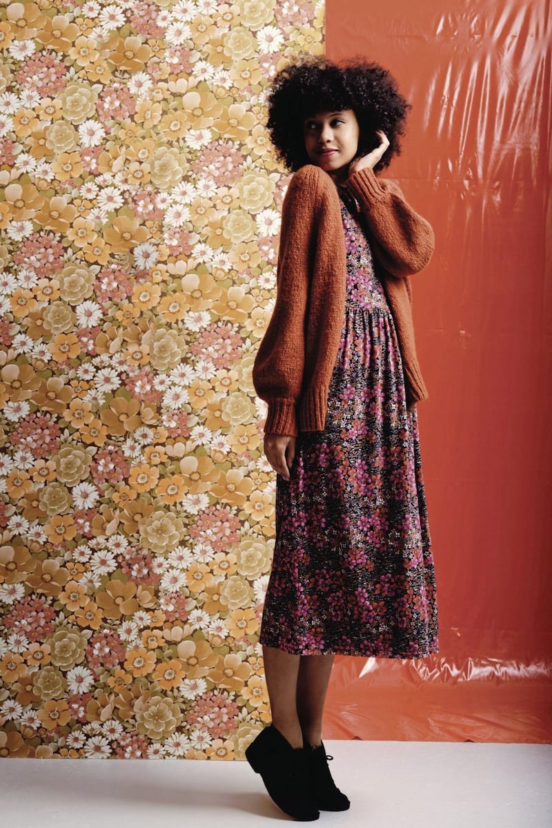 Oliver Bonas Chunky Boyfriend Rust Brown Knitted Cardigan, &pound;65; Winter Blossom Printed Mesh Dress, &pound;59.50, available from Oliver Bonas (shoes, stylist's own)