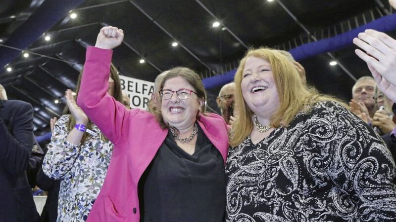 Kellie Armstrong seen celebrating after she was elected an Alliance Assembly member for Strangford with party leader, Naomi Long. Picture by Hugh Russell 