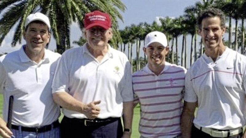 Rory McIlroy, third left, with US president Donald Trump, second left, in Florida where they played a round of golf in 2017. Picture by Clear Sports/Twitter 