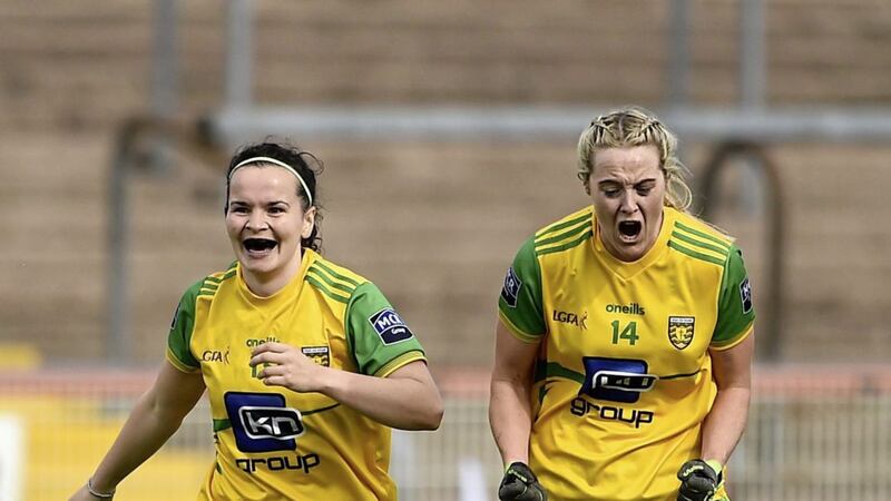 Geraldine McLaughlin and Yvonne Bonner of Donegal celebrate after the TG4 All-Ireland Ladies Football Senior Championship quarter-final clash against Armagh at Healy Park in Omagh, Tyrone on August 4 2018; Picture: Oliver McVeigh/Sportsfile. 