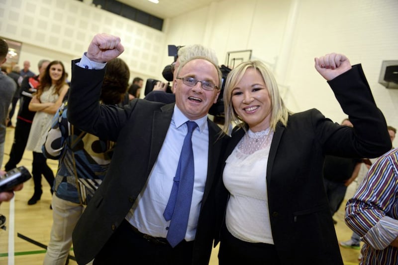 Barry McElduff with Sinn F&eacute;in&#39;s northern leader Michelle O&#39;Neill 