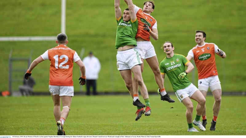 Stephen Sheridan (centre) could miss Armagh&#39;s last two league games if CCCC take action following his apparent stamp on Eoghan Ban Gallagher at the weekend. 