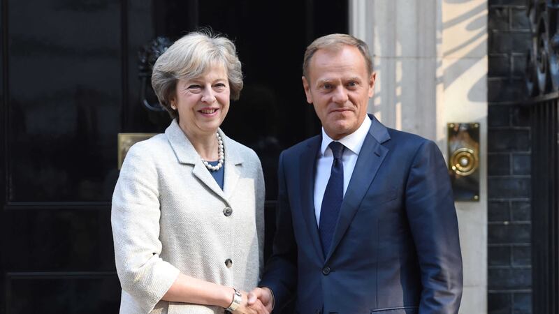 &nbsp;Theresa May greets European Council president Donald Tusk on the steps on 10 Downing Street (David Mirzoeff/PA Wire)
