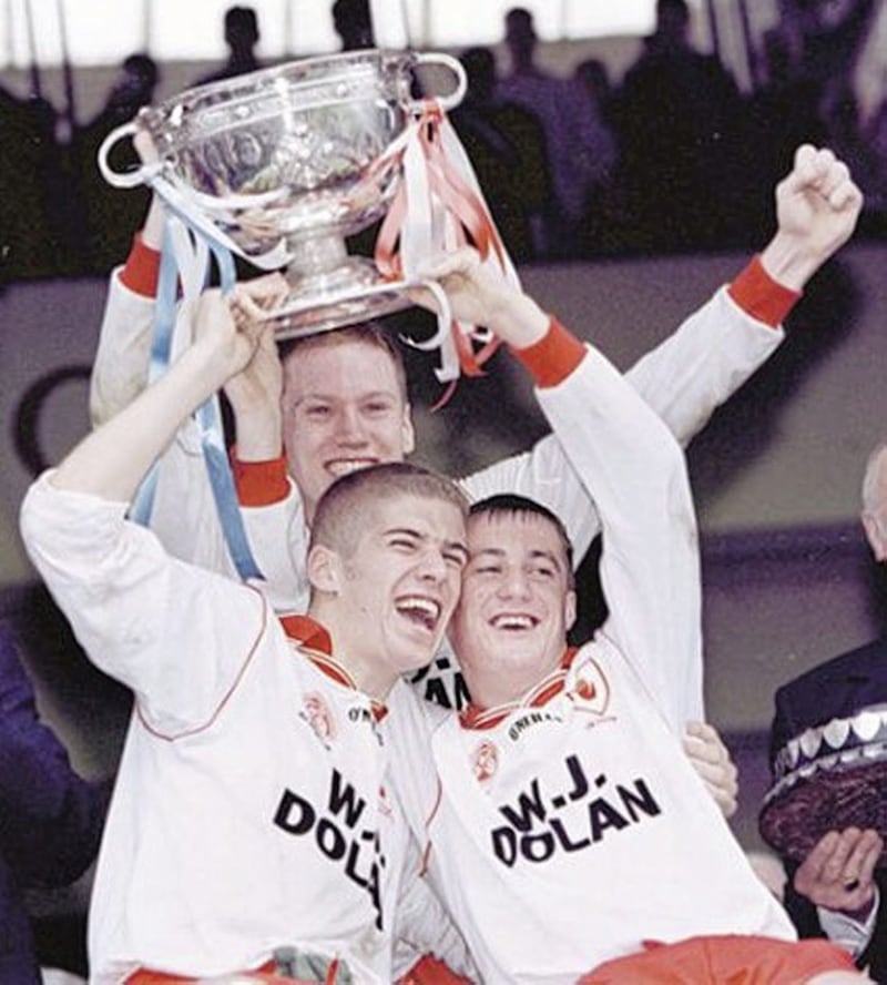 Cormac McAnallen, Kevin Hughes and Brian McGuigan celebrate their 1998 All-Ireland minor victory 