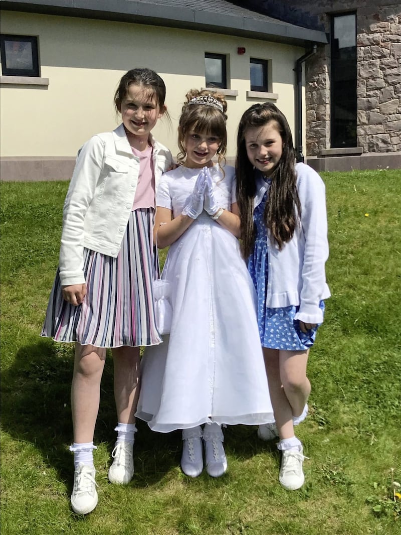 Sophie Bernes pictured along with her sisters, Kaylagh and Lauren, on her First Holy Communion Day a few weeks ago 