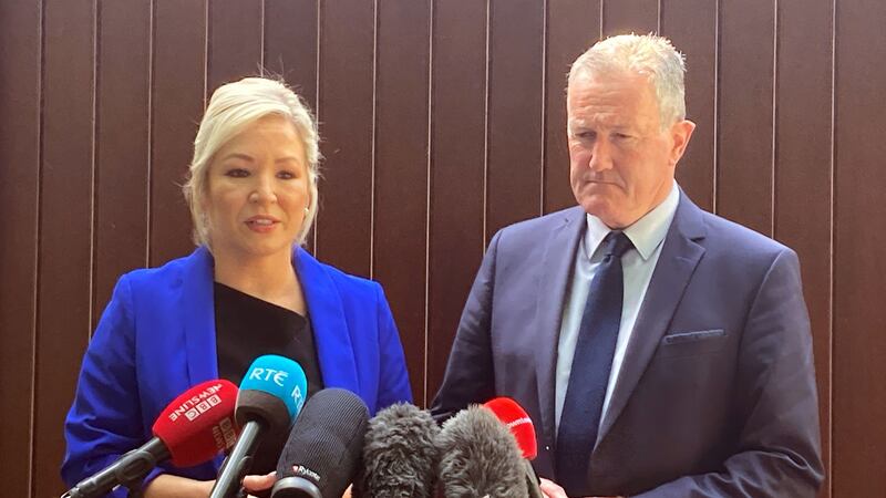 Sinn F&eacute;in's Stormont leader Michelle O'Neill and party colleague Conor Murphy speak to the media outside the Irish consulate at Notting Hill in south Belfast where they met Dublin's foreign affairs minister Simon Coveney. Picture by Rebecca Black/PA Wire&nbsp;