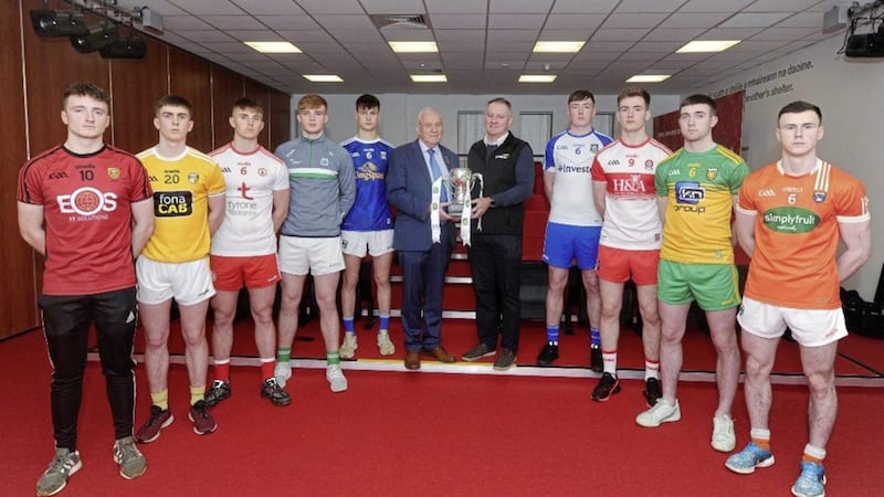 Pictured at the Ulster Under 20 Football Championship launch at Garvaghey are (l to r) Cathal Gorman (Down), Aaron McNeilly (Antrim), Antoin Fox (Tyrone), Brandon Horan (Fermanagh), Ben Smith (Cavan), Oliver Galligan (Ulster GAA President), Fergal Keenan (EirGrid), Sean Treanor (Monaghan), Keelan Friel (Derry), Luke Gavigan (Donegal) and Justin Kieran (Armagh) 