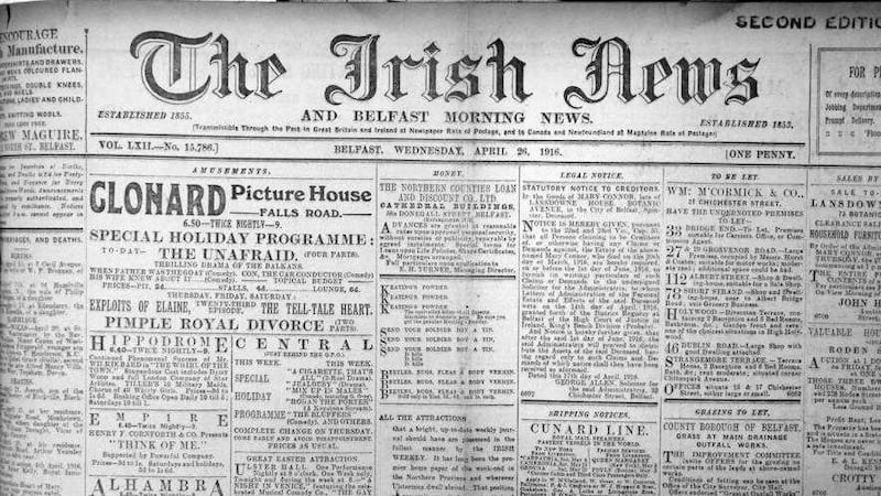 The front page of The Irish News on Easter Monday,&nbsp;April 26 1916