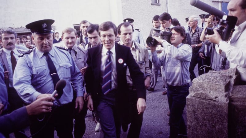 Peter Robinson appearing at Ballybay Courthouse following his 1986 protest in Clontibret Co Monaghan. Picture by Pacemaker 
