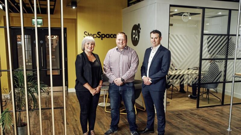 Pictured at Centre House in Belfast are: Ann Trueman, manager of StepSpace; Stephen Walker, head of digital and innovation in Belfast, PA Consulting; and Damian Mitchell, property director at Causeway Asset Management. 