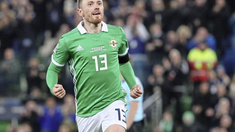 Northern Ireland&#39;s Corry Evans celebrating his goal against Austria in the Uefa Nations League. 