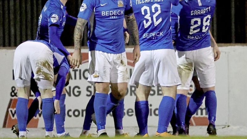 Matthew Fitzpatrick is congratulated by team-mates after scoring the winning goal in Glenavon&#39;s recent win over Glentoran. Picture by Pacemaker 