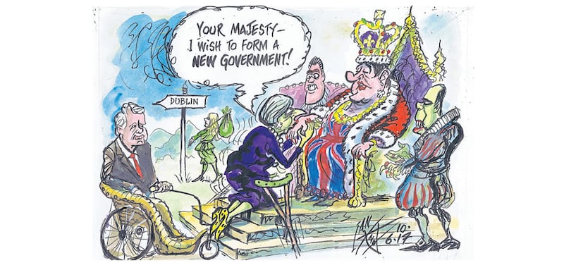 Ian Knox cartoon 10/6/17: After a disastrous result following a disastrous campaign, Theresa May calls on the Queen. Then she calls on Arlene Foster&nbsp;