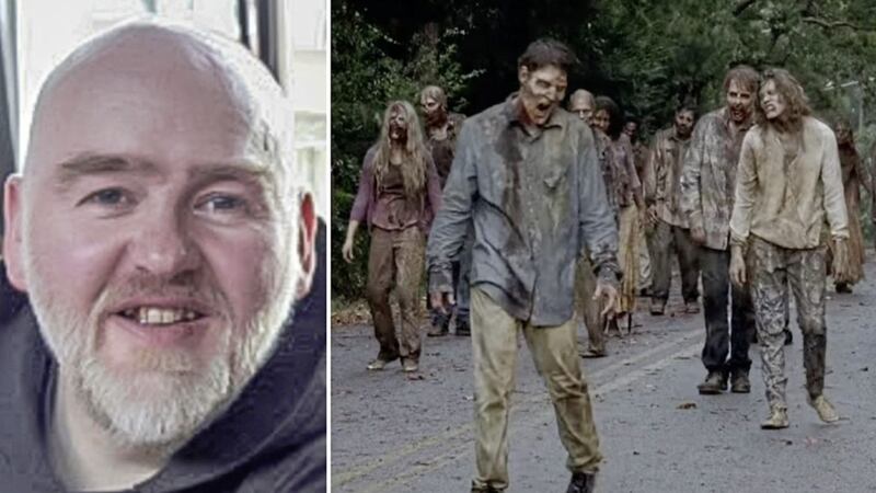 Brother Tom Forde, and right, zombies in US television show The Walking Dead 