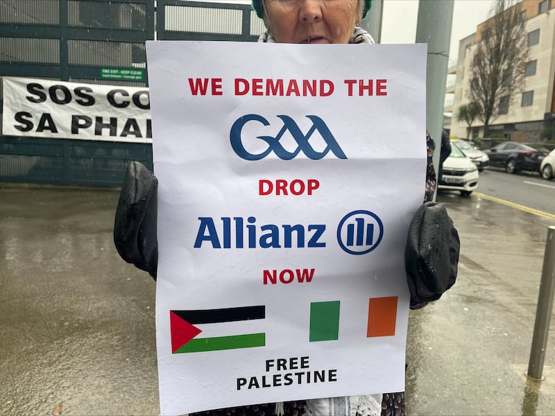 Pro-Palestine protesters outside GAA headquarters at Croke Park, Dublin, to oppose the organisation's decision to continue its sponsorship arrangement with Allianz. The insurance company's parent organisation was named in a UN report of global corporations deemed to be involved in Israel's military operation in Gaza.