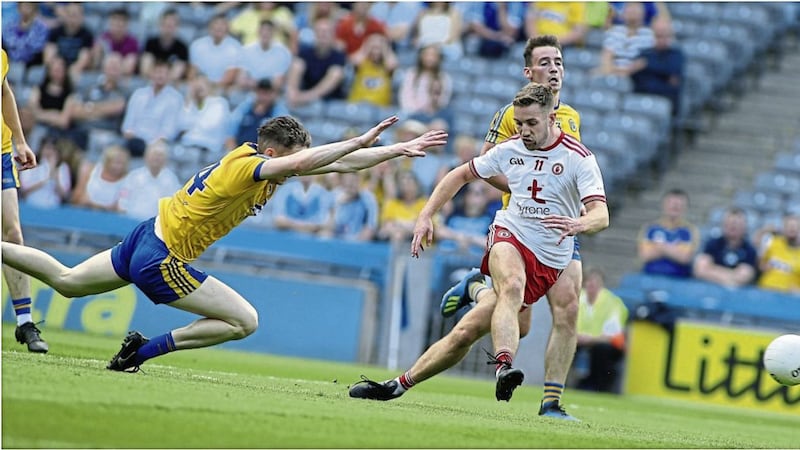 Niall Sludden nets one of four Tyrone goals during their mauling of Roscommon Picture by Hugh Russell 