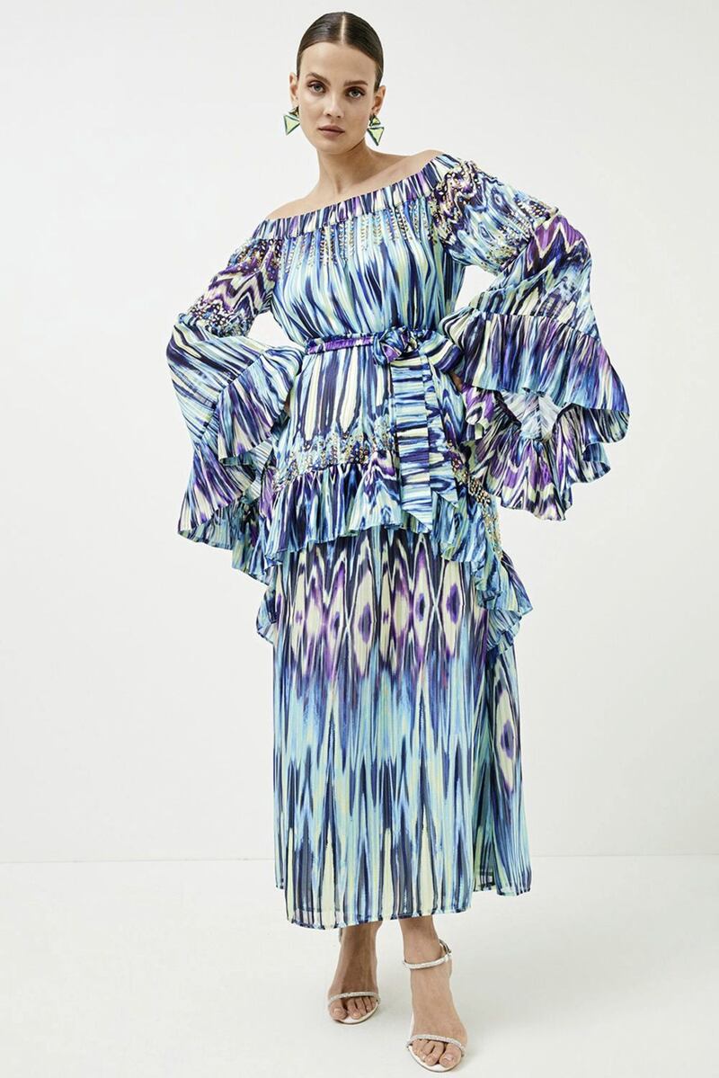 Karen Millen Tie Dye Studded Woven Bardot Drama Maxi Kimono