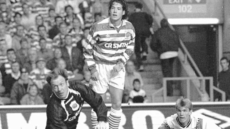 OH BHOY! ... Celtic keeper Gordon Marshall and Paolo Di Canio look on in agony as Karsten Baron scores for Hamburg after just three minutes into a UEFA Cup game on September 10 1996&nbsp;