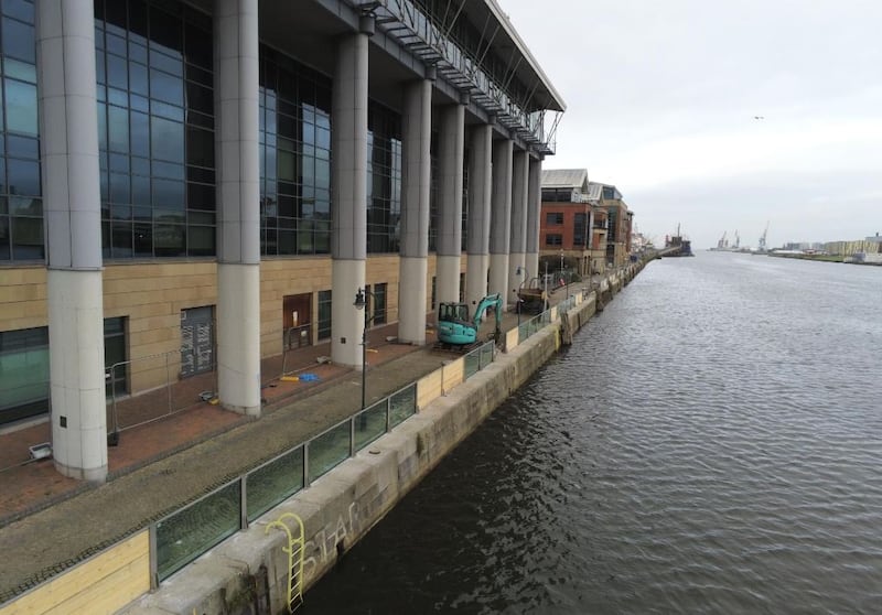 Glass walls installed at Clarendon Dock as part of the Belfast Tidal Flood Alleviation Scheme.