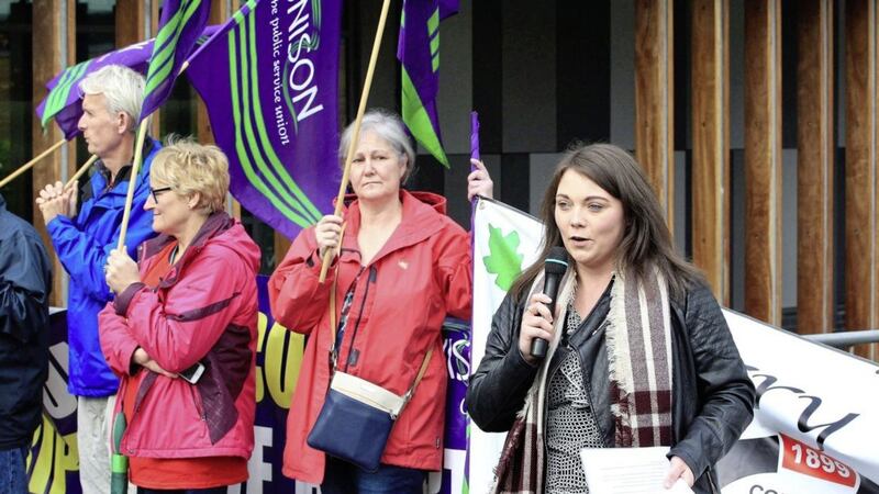 Jemma Dolan, Sinn Fein MLA for Fermanagh and South Tyrone speaking at a protest taking place during the Western Health Trust savings consultation meeting held at the Foyle Arena in Derry on Friday. Picture by Margaret McLaughlin 