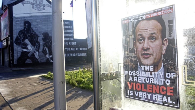 Posters of Taoiseach Leo Varadkar with a background image of the Dublin/Monaghan bombs that have appeared in loyalist areas. Picture by Mal McCann  