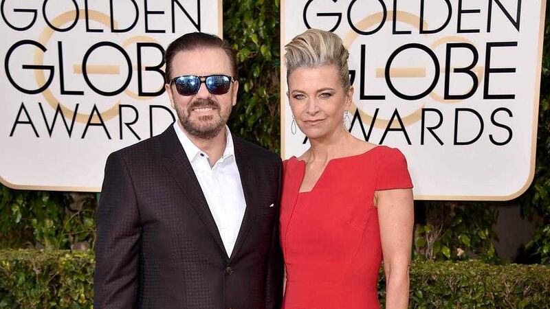 Jane Fallon and her partner Ricky Gervais arrive at the Golden Globe Awards in Los Angeles earlier this month 