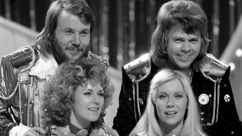 The pop group Abba congratulate each other in Brighton after winning the Eurovision Song Contest for Sweden with Waterloo
