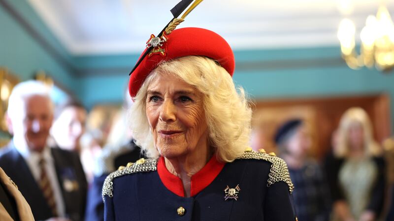 Queen Camilla during her visit to The Royal Lancers regiment, her first visit to the regiment since being appointed as their Colonel-in-Chief, at Munster Barracks, Catterick Garrison, North Yorkshire