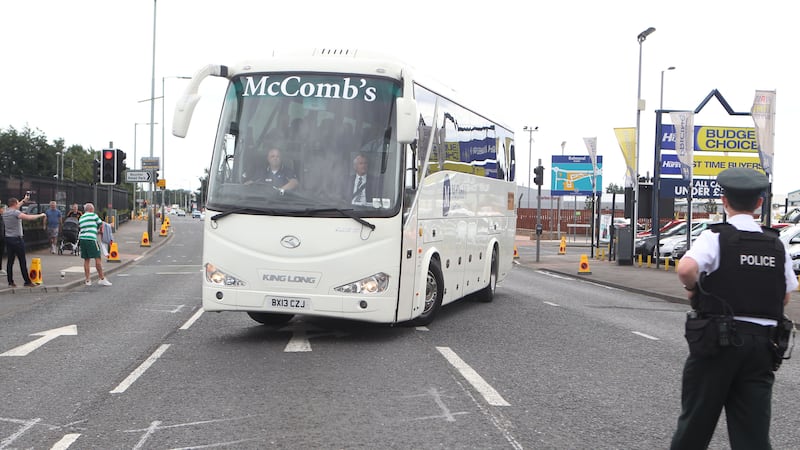 Celtic fans greet the Celtic team bus as it makes its way to Windsor Park via Boucher Road, Belfast<br />&nbsp;