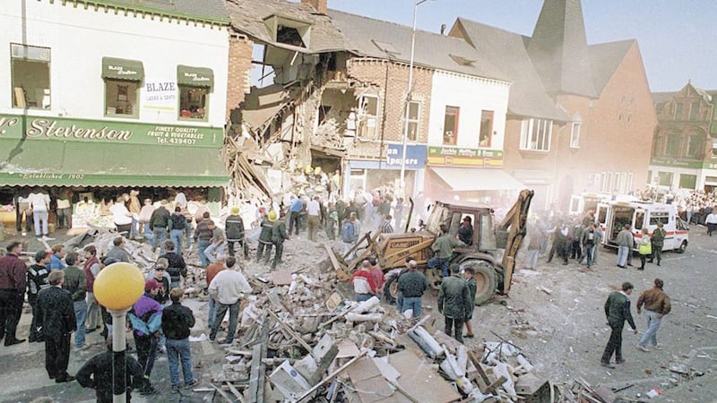 The scene on Belfast&#39;s Shankill Road after the IRA bomb attack of October 23 1993 in which 10 people were killed 