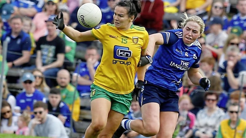 Cavan&#39;s Laura Fitzpatrick and Donegal&#39;s Geraldine McLaughlin in action during the Ulster LGFA Football Senior Championship semi-final between Cavan and Donegal at St Tiernach&#39;s Park, Clones  Picture: Philip Walsh. 