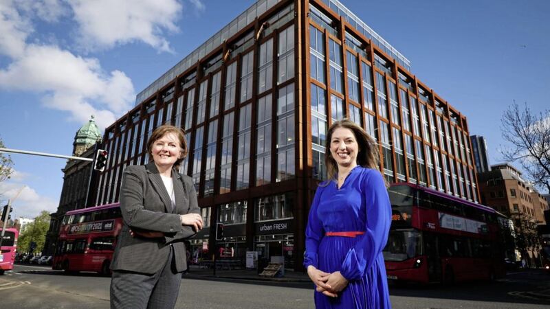 Pictured outside the Merchant Square development, Deborah Stevenson (PwC NI) announces launch of a new-fully funded degree apprenticeship programme with Gillian Armstrong, director of business engagement at Ulster University Business School. Picture: Kelvin Boyes/Press Eye 