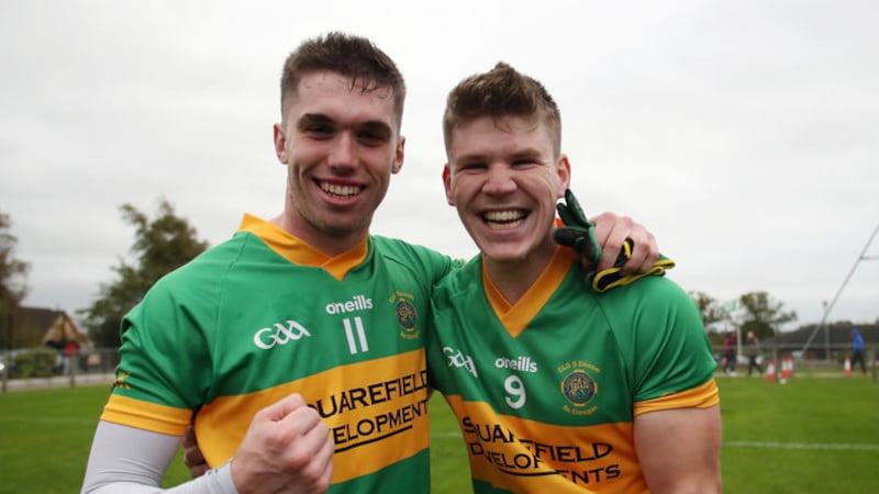 Creggan's Kevin Small (11) and Kevin Rice celebrate their team's win over St John's in Sunday's Antrim Senior Football Championship semi-final in Glenavy<br />Picture by John McIlwaine&nbsp;