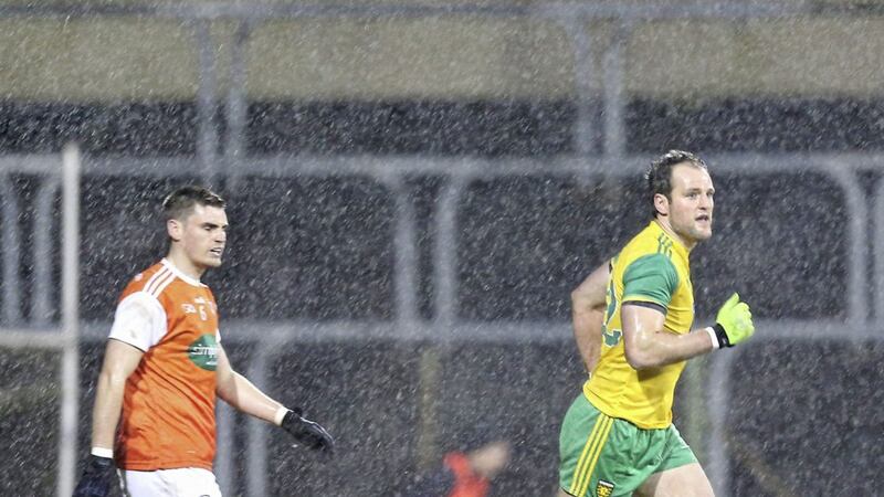 Donegal&#39;s Michael Murphy wheels away after scoring a goal during the NFL match against Armagh at Ballybofey last Saturday night. Picture by Margaret McLaughlin. 