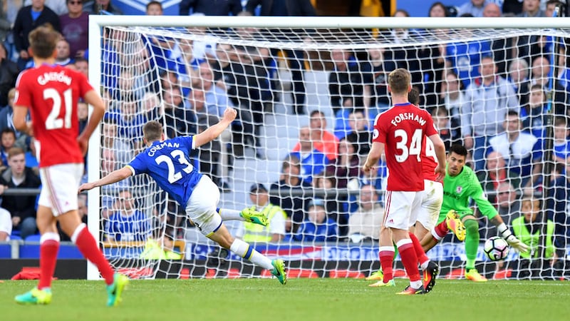 Everton's S&eacute;amus Coleman scores Everton's second goal in Saturday's Premier League win over Middlesbrough at Goodison Park<br />Picture by PA