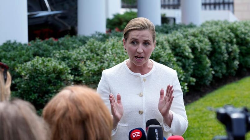 Denmark’s Prime Minister Mette Frederiksen speaks with reporters following her meeting with President Joe Biden at the White House (Susan Walsh/AP)