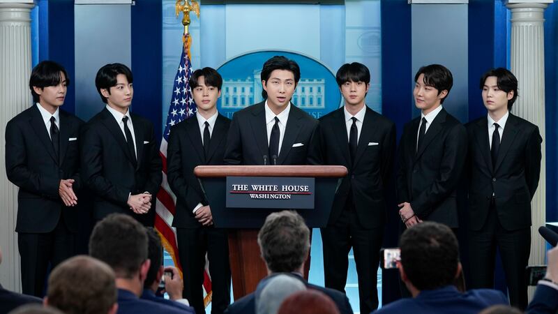 The music megastars joined Press Secretary Karine Jean-Pierre and each gave short statements in their native Korean, assisted by an interpreter.