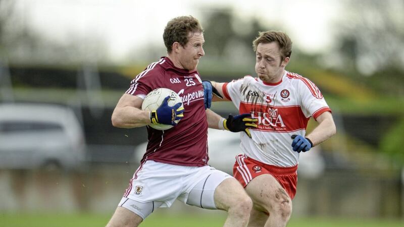 Derry&#39;s Neil Forester moves in on Gary Sice of Galway in the Allianz Football League Division 2 Round 5 match at St Jarlath&#39;s Park in Tuam, Co Galway on March 19 2017 