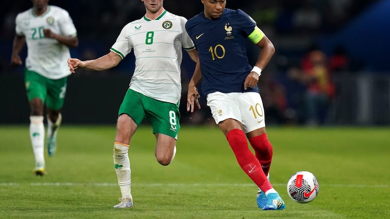 Alan Browne battles with Killian Mbappe during France's 2-0 win in Paris