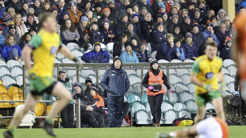 Armagh assistant manager Jim McCorry on the line during against Donegal at Ballybofey. Picture by Margaret McLaughlin. 