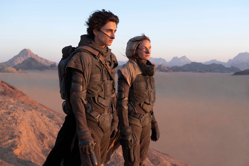 A photo of Timothee Chalamet and Rebecca Ferguson in Dune: Part One by unit stills photographer Chiabella James