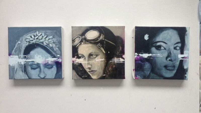 Rose Coloured Lens, by Cara Gordon, a triptych in mixed media on canvas 