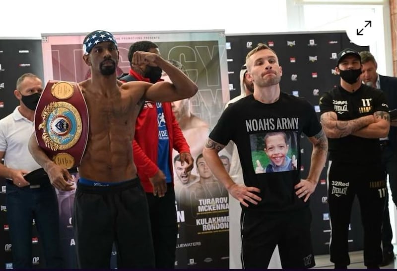 Carl Frampton shows his support for the 'Justice for Noah' campaign during Friday's weigh-in for his fight against Jamel Herring in Dubai. Picture by&nbsp;<strong style="-webkit-font-smoothing: antialiased; color: rgb(178, 34, 34); font-family: &quot;helvetica neue&quot;, helvetica, arial, verdana, sans-serif;  text-align: center;">MTK Global</strong>