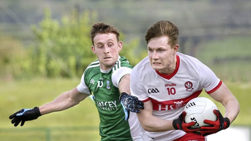 Ciaran Corrigan (left) played an instrumental part in Fermanagh&#39;s opening day win over Cavan which has helped give them a shot at promotion from Division Three of the Allianz Football League Picture Margaret McLaughlin. 